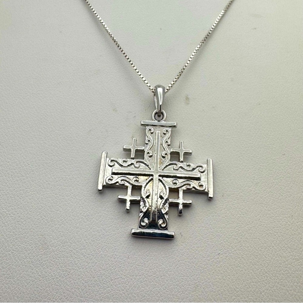 Sterling Silver Jerusalem Cross Necklace 925 Box Chain Religious Pendant